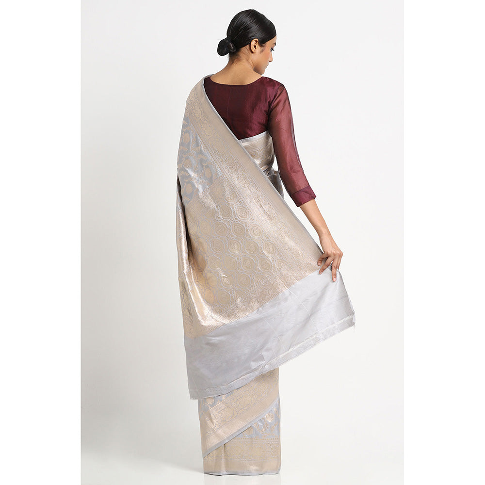 Via East Grey Silk Banarasi Saree with Unstitched Blouse