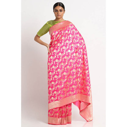 Via East Bright Pink Silk Banarasi Saree with Unstitched Blouse