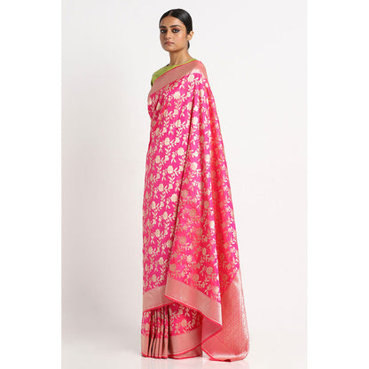 Via East Bright Pink Silk Banarasi Saree with Unstitched Blouse