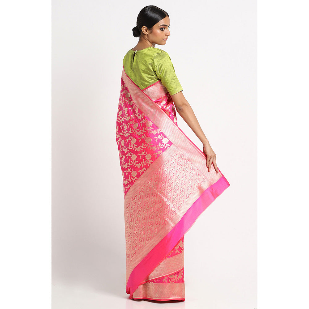 Via East Bright Pink Silk Banarasi Saree with Unstitched Blouse