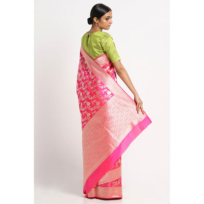 Via East Bright Pink Silk Banarasi Saree with Unstitched Blouse