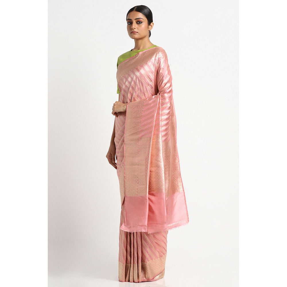 Via East Blush Pink Silk Banarasi Saree with Unstitched Blouse