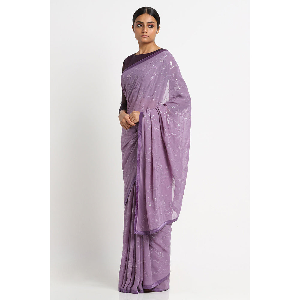 Via East Misty Purple Georgette Embroidered Sequins Saree
