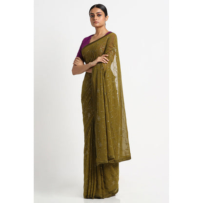 Via East Olive Green Georgette Embroidered Sequins Saree