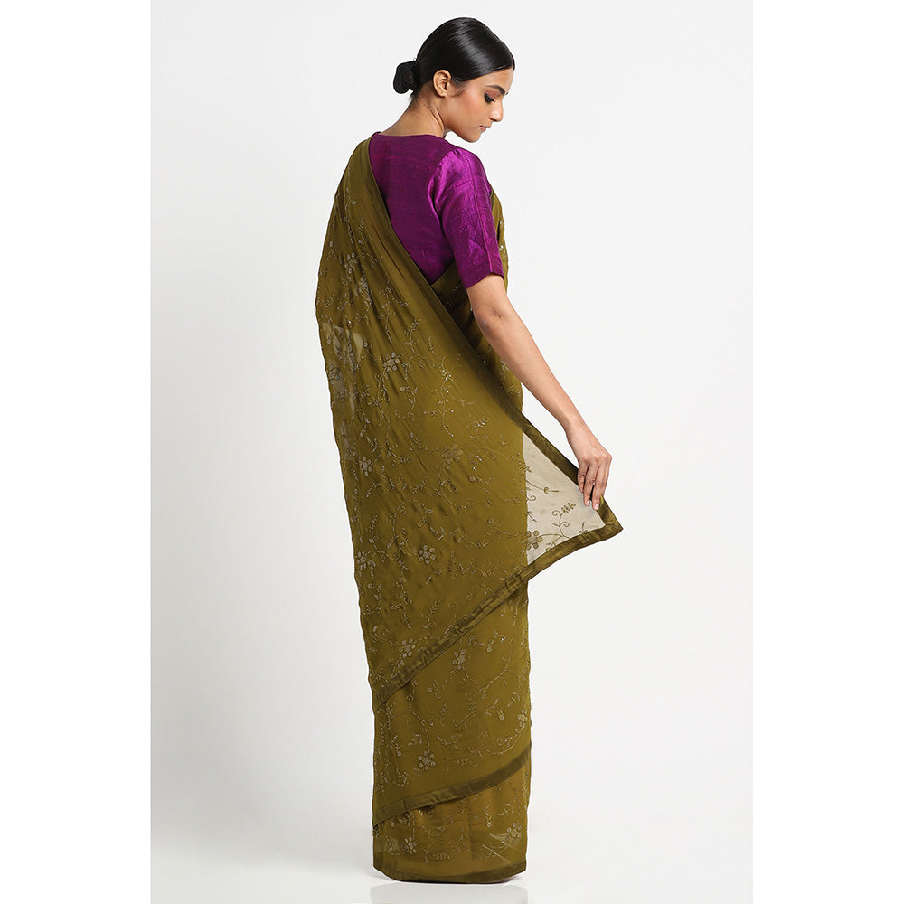 Via East Olive Green Georgette Embroidered Sequins Saree