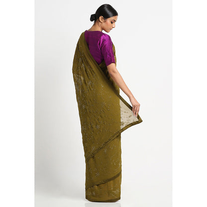 Via East Olive Green Georgette Embroidered Sequins Saree