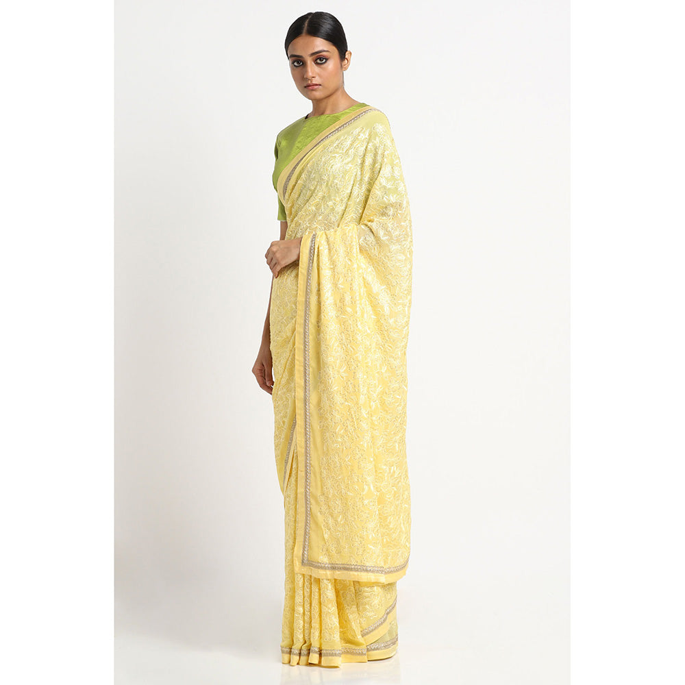 Via East Daisy Yellow Georgette Embroidered Embellished Saree