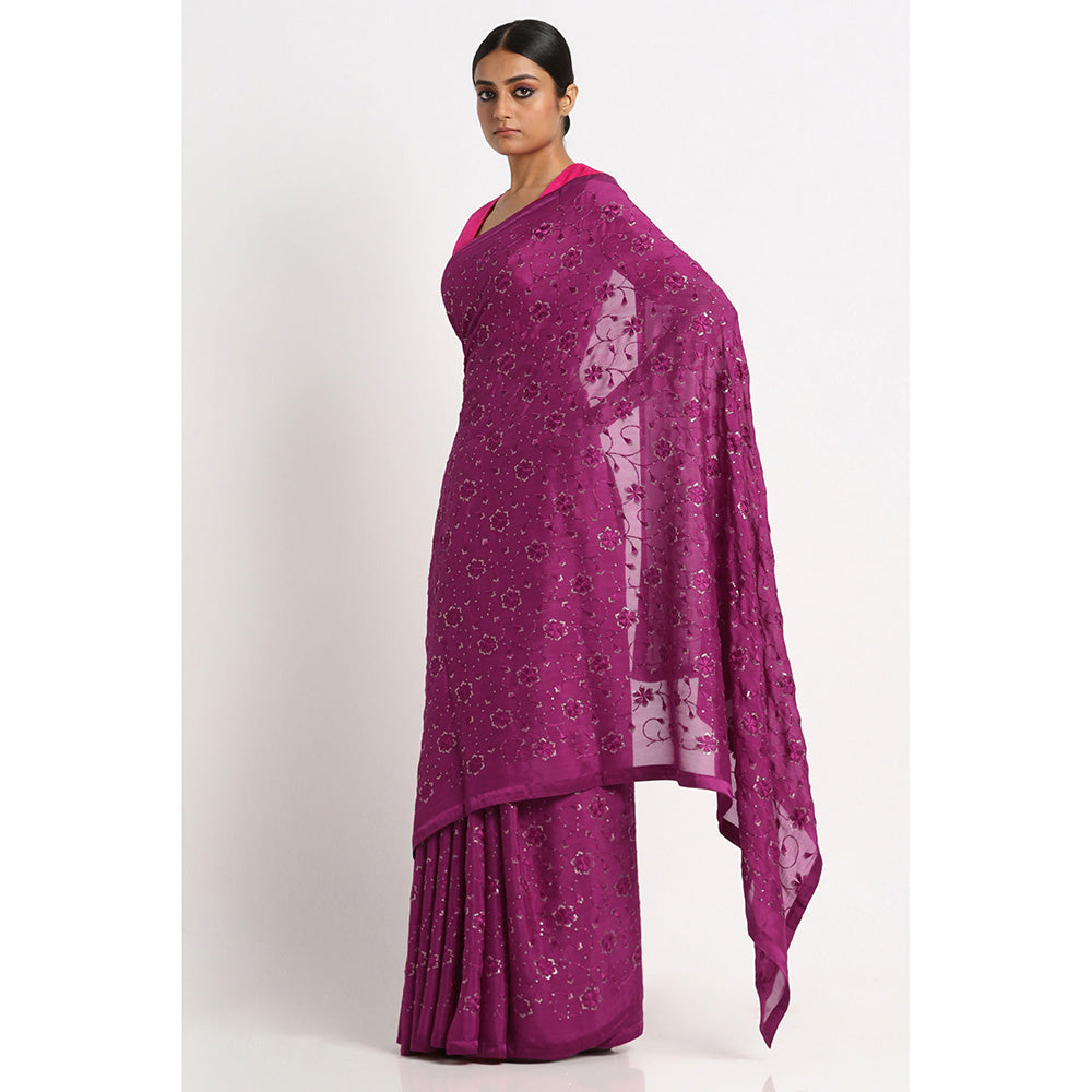 Via East Wine Georgette Embroidered Embellished Saree