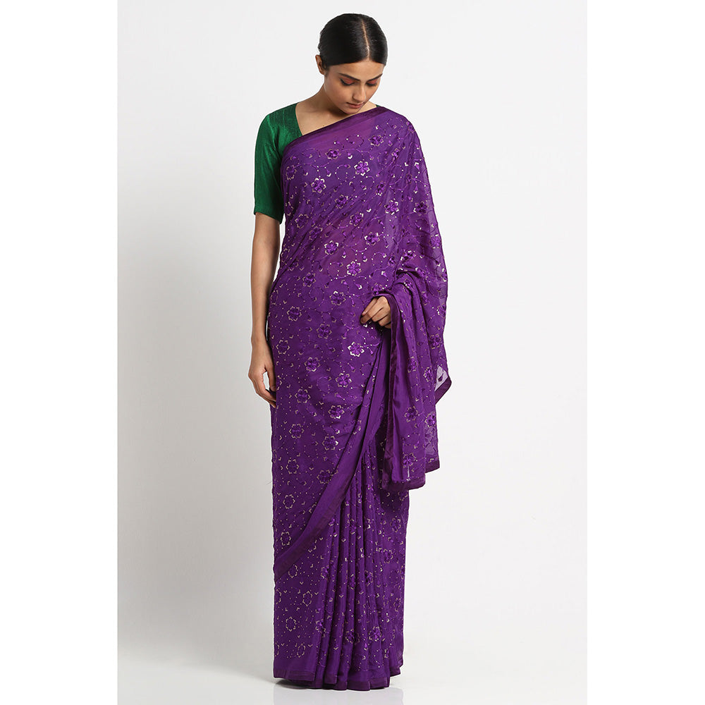 Via East Purple Georgette Embroidered Embellished Saree