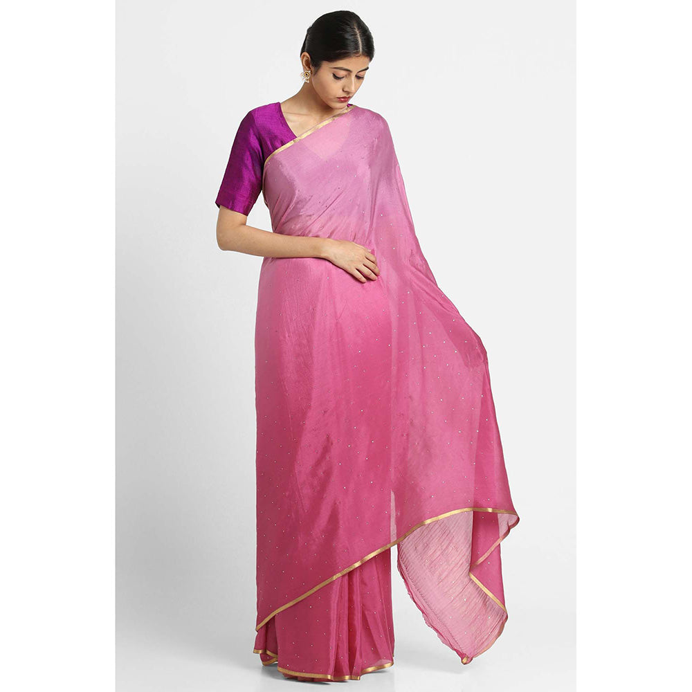 Via East Onion Pink Ombre Mukaish Crepe Saree with Unstitched Blouse