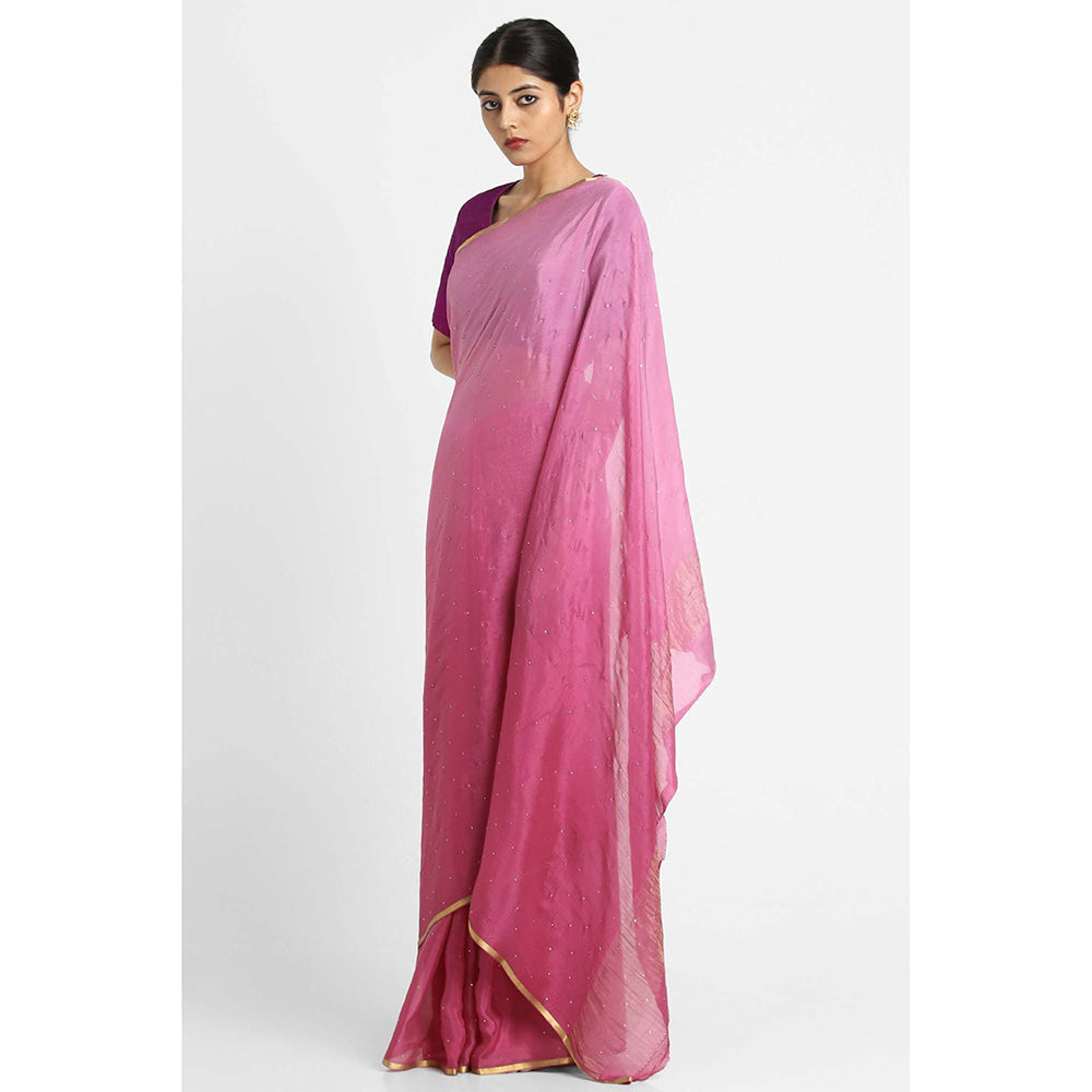 Via East Onion Pink Ombre Mukaish Crepe Saree with Unstitched Blouse