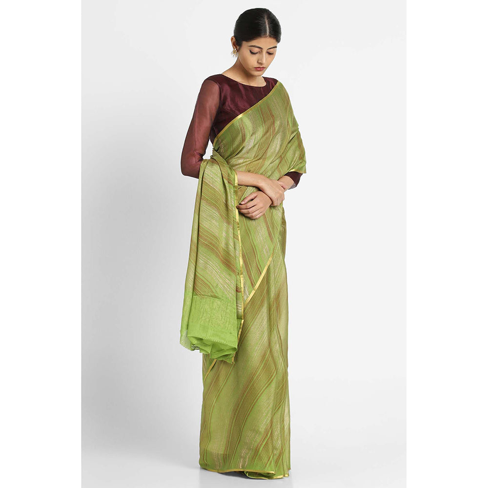 Via East Green Brush Print Crepe Saree with Unstitched Blouse