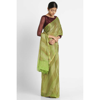 Via East Green Brush Print Crepe Saree with Unstitched Blouse