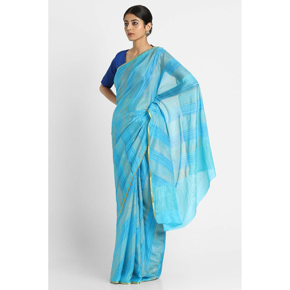 Via East Blue Brush Print Crepe Saree with Unstitched Blouse