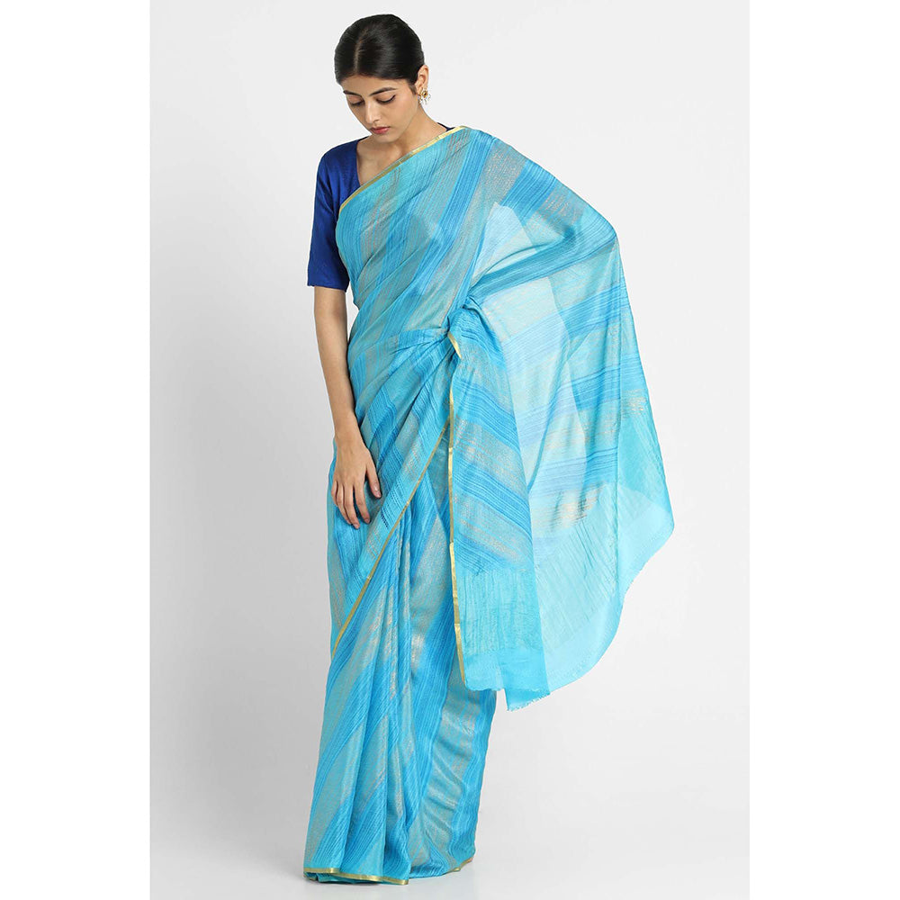 Via East Blue Brush Print Crepe Saree with Unstitched Blouse
