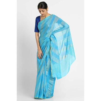 Via East Blue Brush Print Crepe Saree with Unstitched Blouse