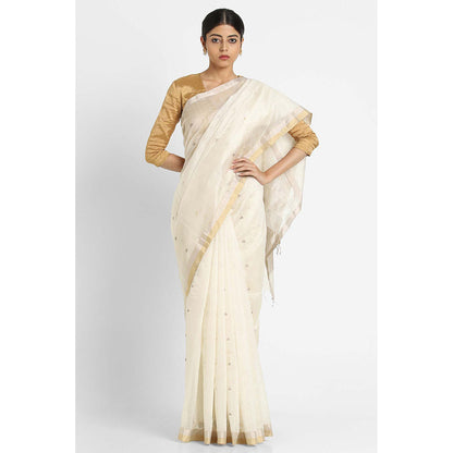 Via East Ivory Soha Buti Silk Chanderi Saree with Unstitched Blouse