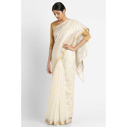 Via East Ivory Soha Buti Silk Chanderi Saree with Unstitched Blouse