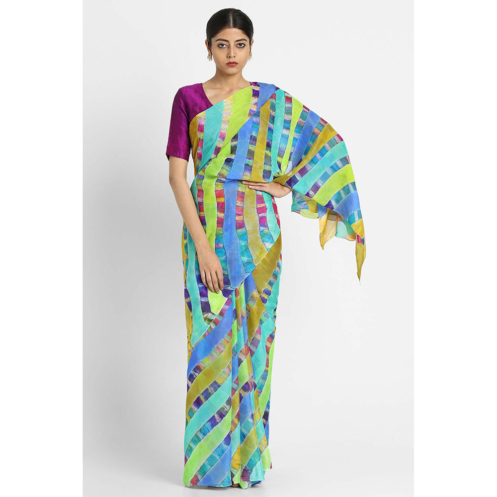 Via East Blue Basant Chiffon Multi Leheriya Saree with Unstitched Blouse