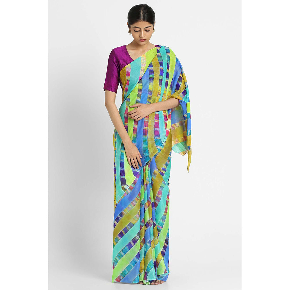 Via East Blue Basant Chiffon Multi Leheriya Saree with Unstitched Blouse