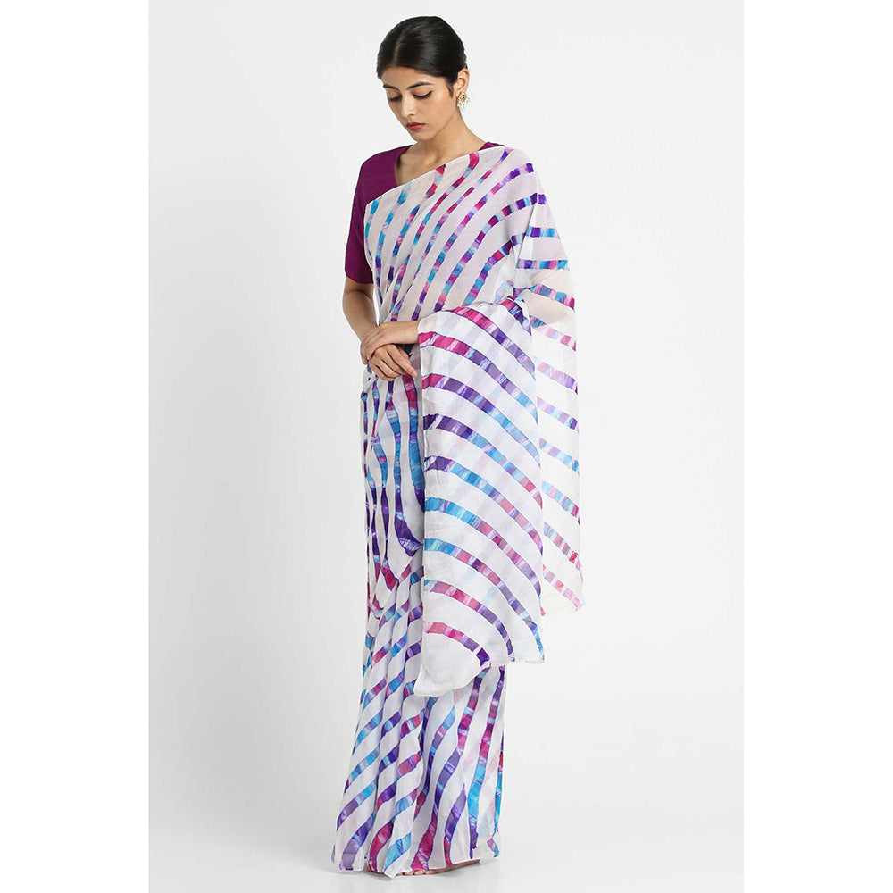 Via East White Basant Chiffon Multi Leheriya Saree with Unstitched Blouse