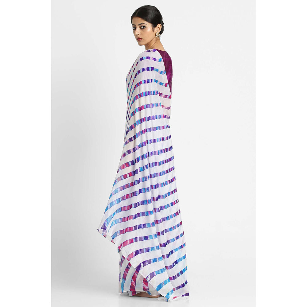 Via East White Basant Chiffon Multi Leheriya Saree with Unstitched Blouse