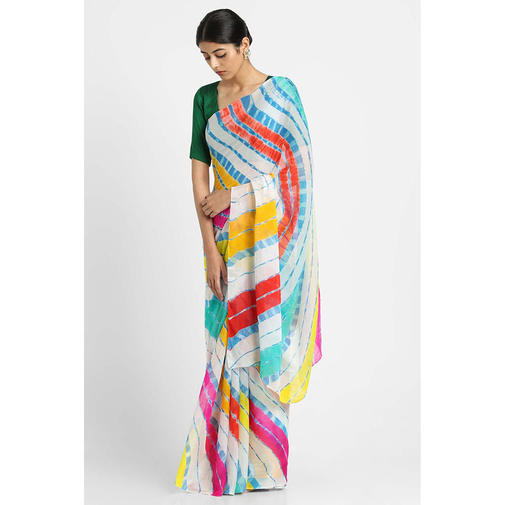 Via East White Basant Chiffon Multi Leheriya Saree with Unstitched Blouse