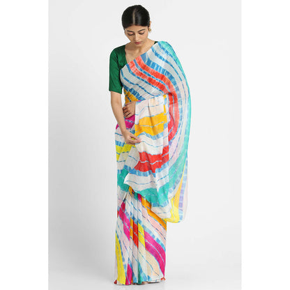Via East White Basant Chiffon Multi Leheriya Saree with Unstitched Blouse