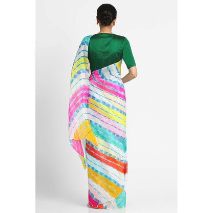 Via East White Basant Chiffon Multi Leheriya Saree with Unstitched Blouse