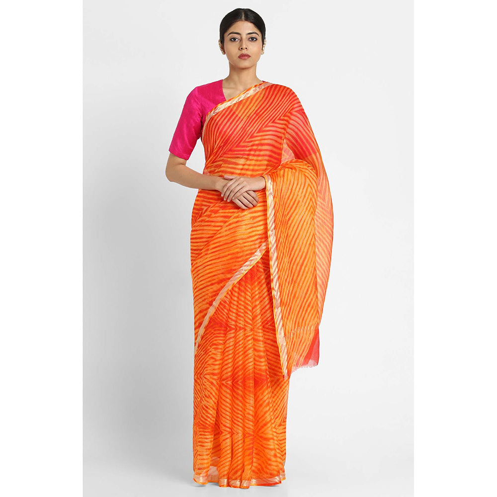 Via East Orange Kota Silk Arishi Shibori Saree with Unstitched Blouse