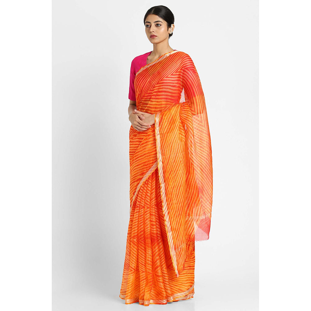 Via East Orange Kota Silk Arishi Shibori Saree with Unstitched Blouse