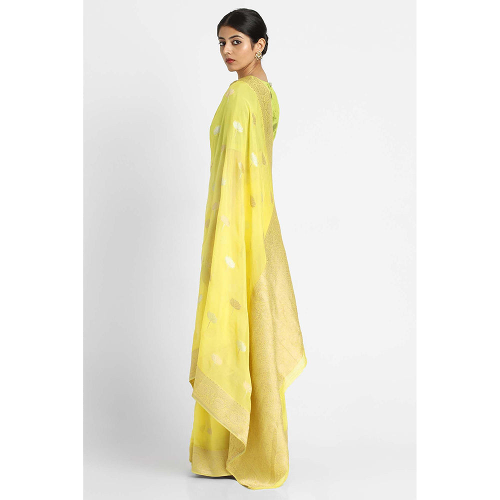 Via East Yellow Kusum Georgette Banarasi Saree with Unstitched Blouse