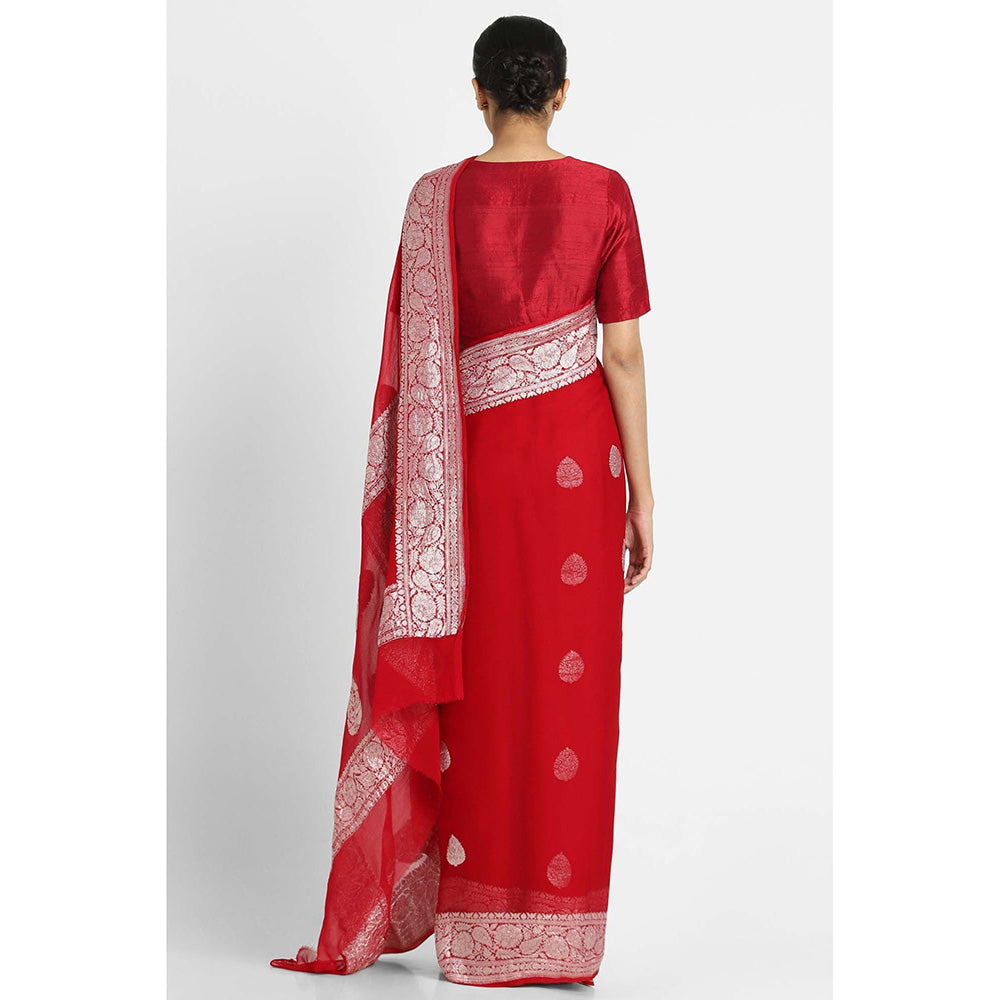 Via East Red Georgette Banarasi Saree with Unstitched Blouse
