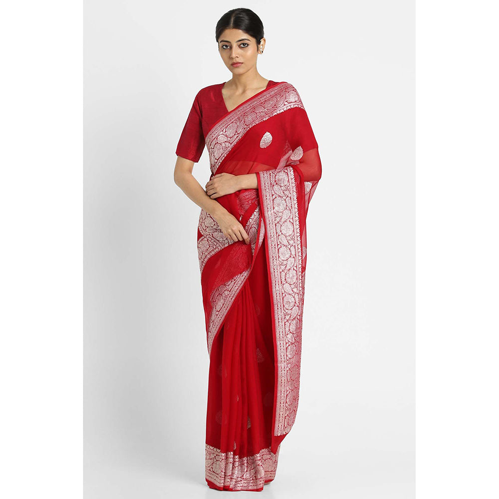 Via East Red Georgette Banarasi Saree with Unstitched Blouse
