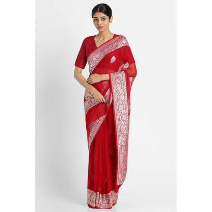 Via East Red Georgette Banarasi Saree with Unstitched Blouse