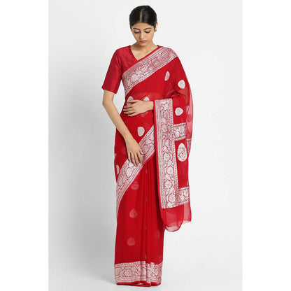 Via East Red Georgette Banarasi Saree with Unstitched Blouse