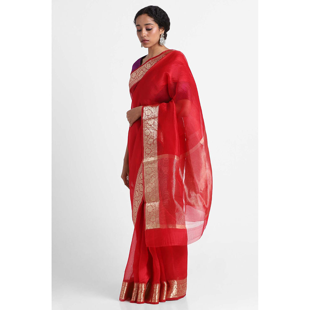 Via East Red Organza Banarasi Saree with Unstitched Blouse