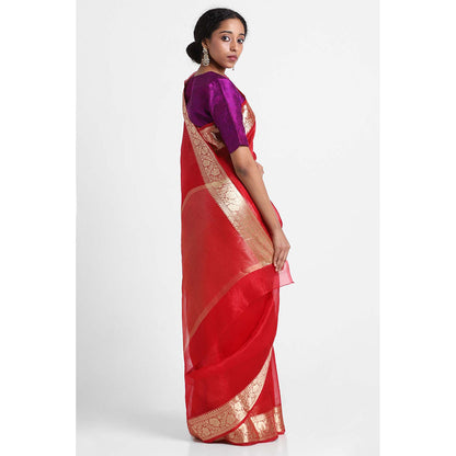 Via East Red Organza Banarasi Saree with Unstitched Blouse
