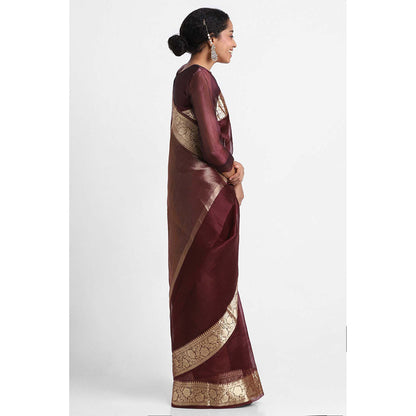 Via East Brown Organza Banarasi Saree with Unstitched Blouse