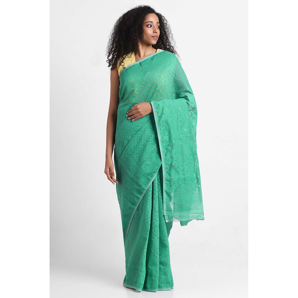 Via East Sea Green Cotton Jamdani Saree with Unstitched Blouse