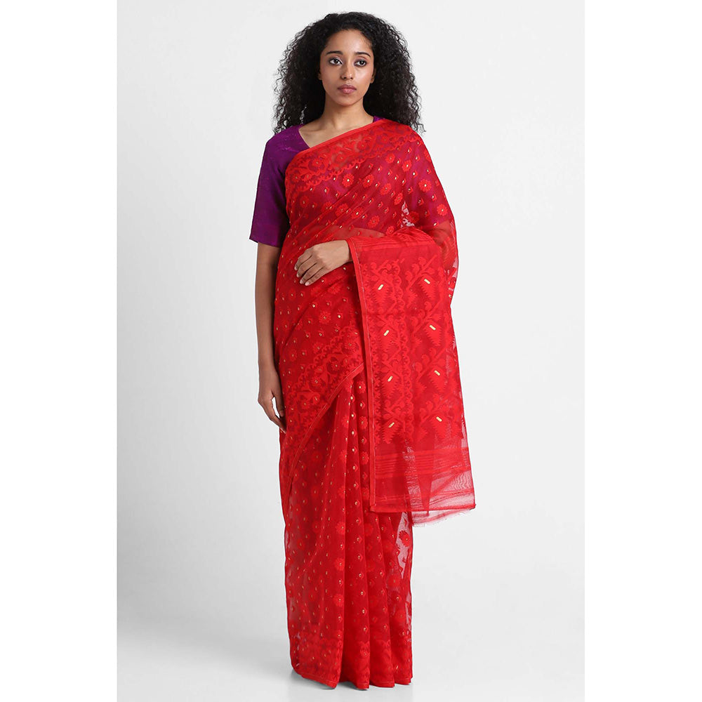 Via East Red Cotton Jamdani Saree with Unstitched Blouse