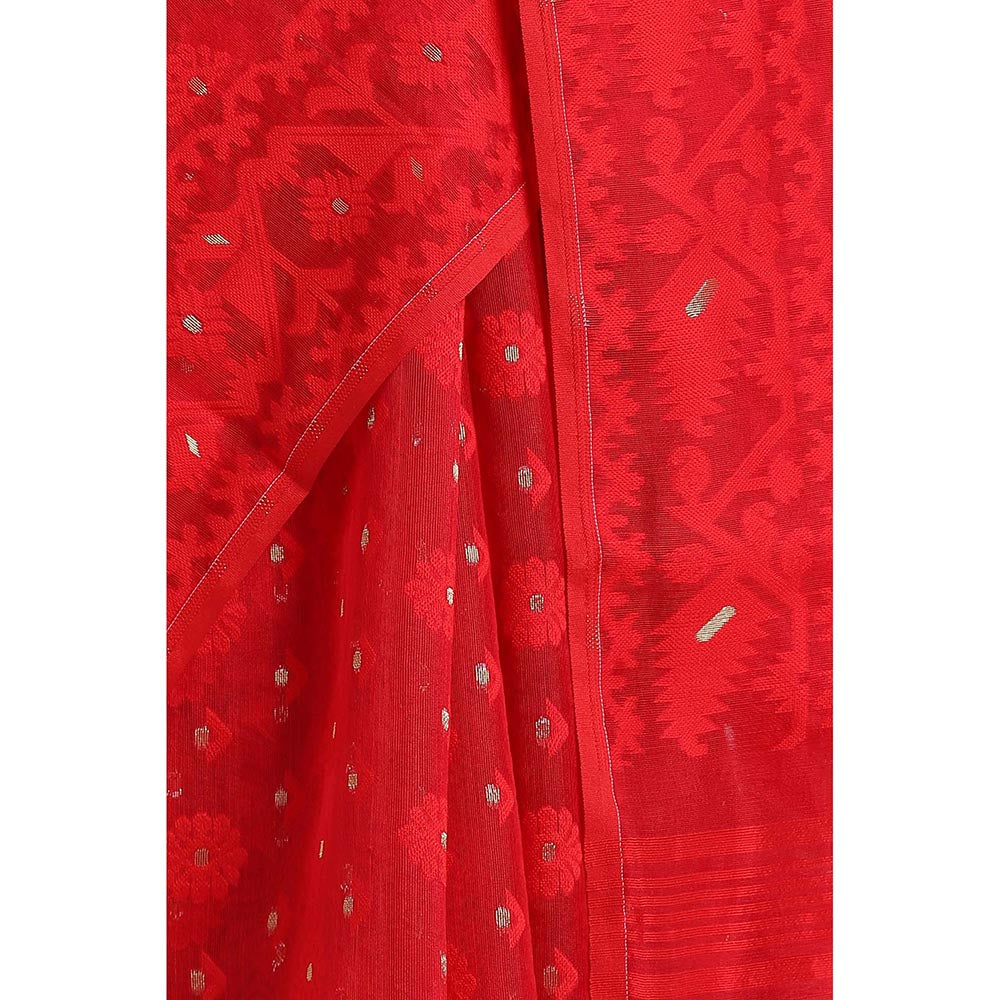 Via East Red Cotton Jamdani Saree with Unstitched Blouse