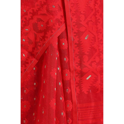 Via East Red Cotton Jamdani Saree with Unstitched Blouse