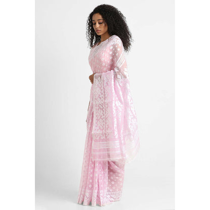 Via East Blush Pink Cotton Jamdani Saree with Unstitched Blouse
