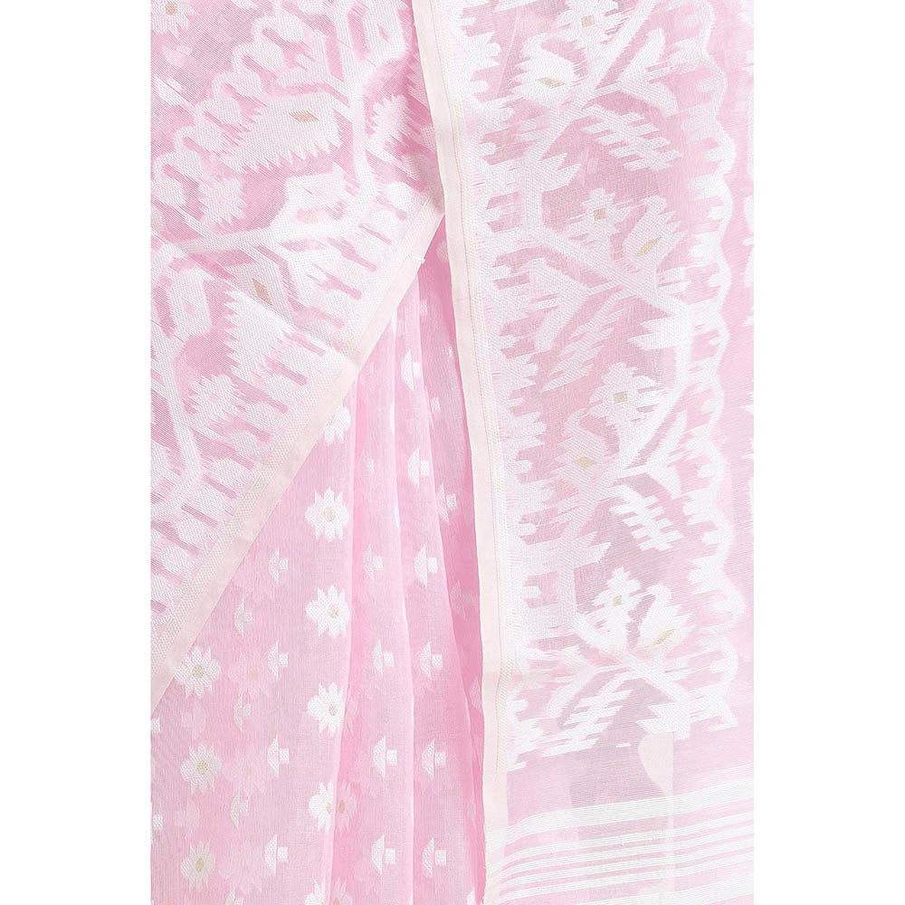 Via East Blush Pink Cotton Jamdani Saree with Unstitched Blouse