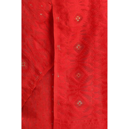 Via East Red Cotton Jamdani Saree with Unstitched Blouse