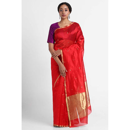 Via East Red Silk Chanderi Booti Saree with Unstitched Blouse