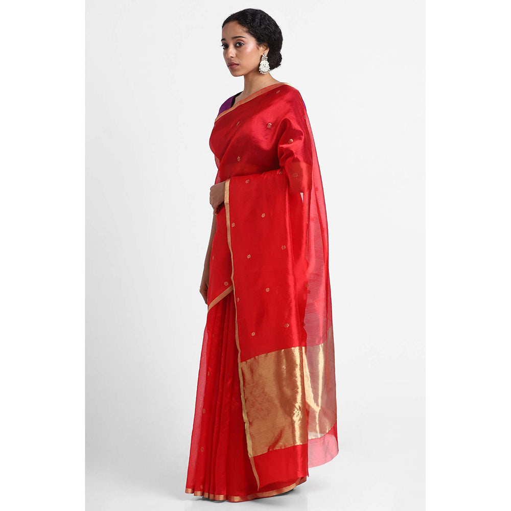 Via East Red Silk Chanderi Booti Saree with Unstitched Blouse