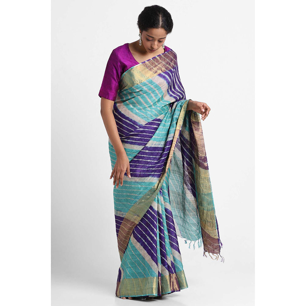 Via East Multicolour Tussar Silk Leheriya Saree with Unstitched Blouse