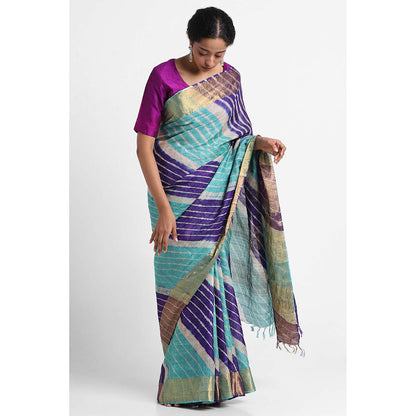 Via East Multicolour Tussar Silk Leheriya Saree with Unstitched Blouse